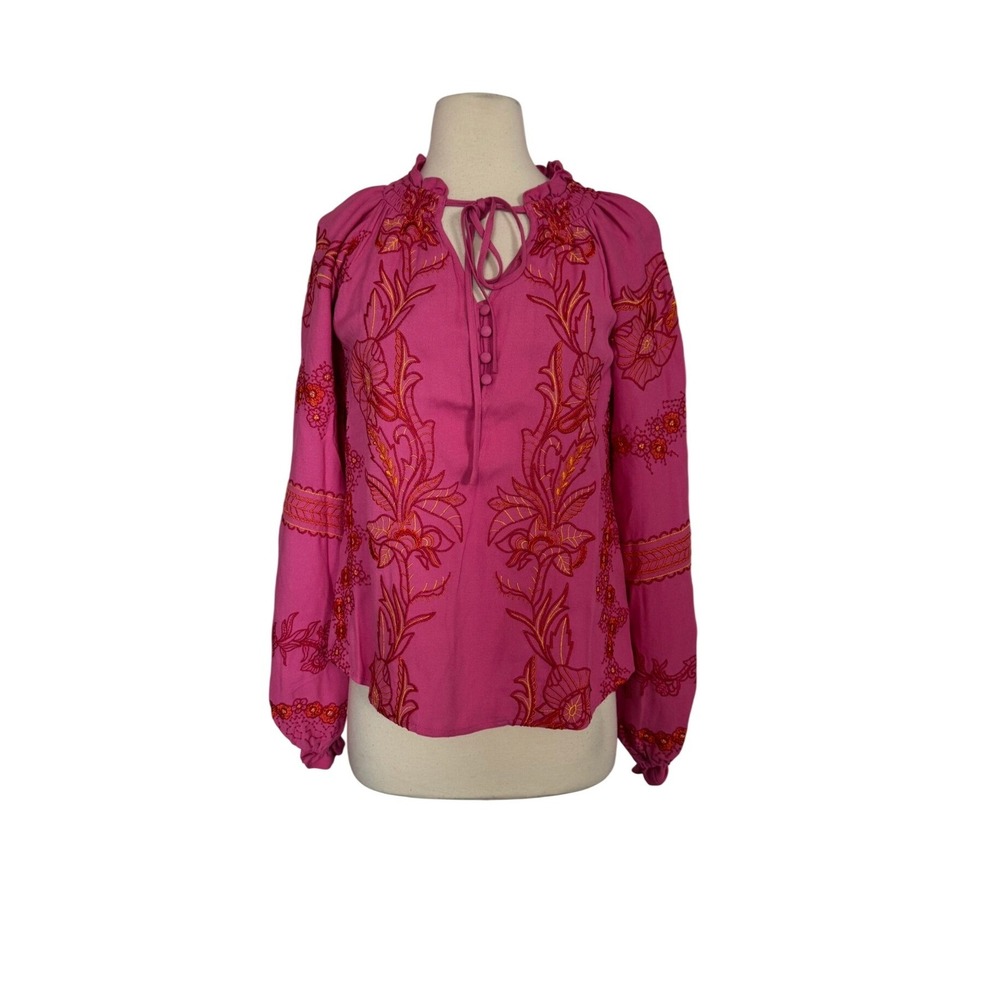 Hale Bob Fuchsia Pink Embroidered Boho Blouse Ruffle Neck Womens XS NEW